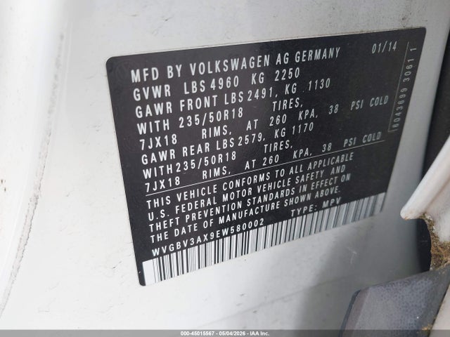 2014 Volkswagen Tiguan Sel მანქანა იყიდება აუქციონზე, vin: WVGBV3AX9EW580002, აუქციონის ნომერი: 45015567