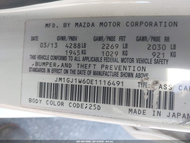 Aukcja sprzedaży 2014 Mazda Mazda6 I Grand Touring, vin: JM1GJ1W60E1116491, numer aukcji: 45015580