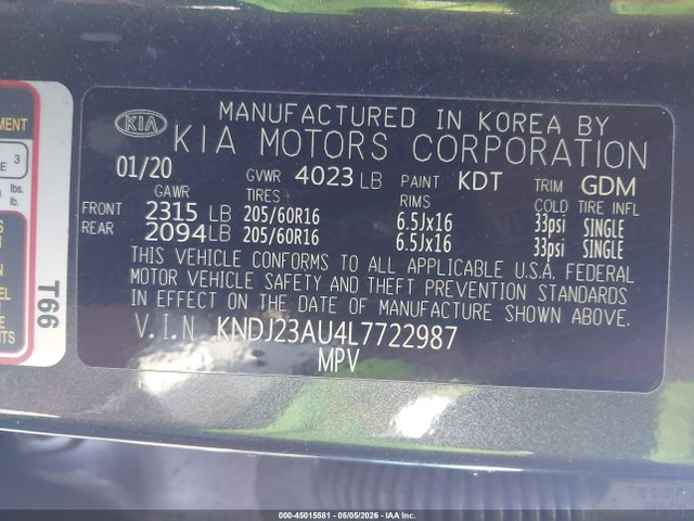 Aukcja sprzedaży 2020 Kia Soul Lx, vin: KNDJ23AU4L7722987, numer aukcji: 45015581