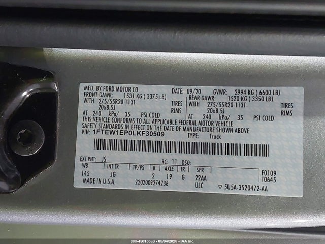 45015583 :رقم المزاد ، 1FTEW1EP0LKF30509 vin ، 2020 Ford F-150 Xl مزاد بيع