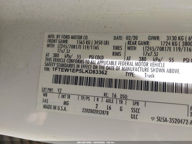 Продаж на аукціоні авто 2020 Ford F-150 Xlt, vin: 1FTEW1EP5LKD83362, номер лоту: 45015595