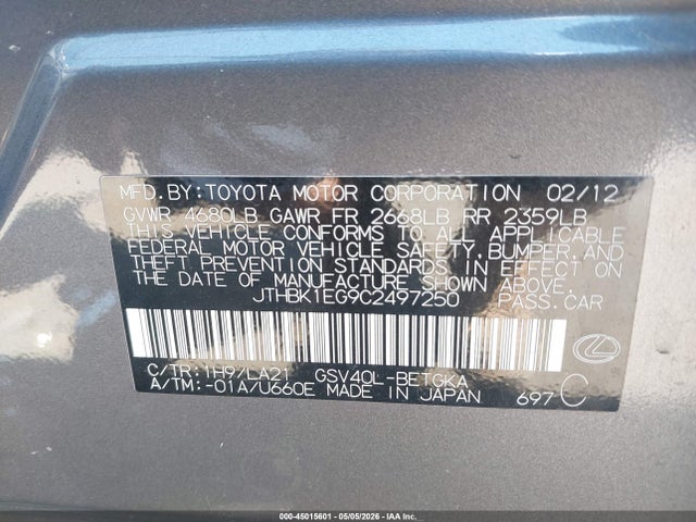 Продажа на аукционе авто 2012 Lexus Es 350, vin: JTHBK1EG9C2497250, номер лота: 45015601