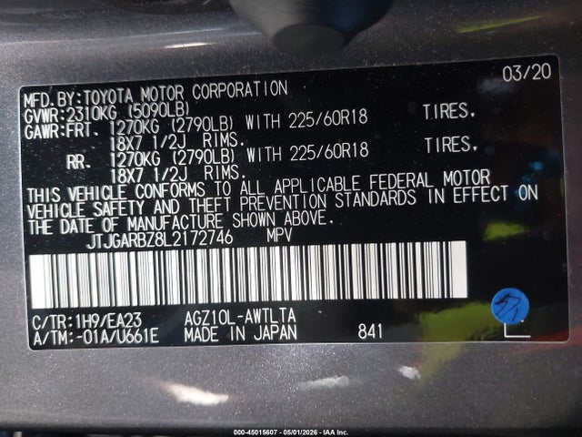 45015607 :رقم المزاد ، JTJGARBZ8L2172746 vin ، 2020 Lexus Nx 300 مزاد بيع