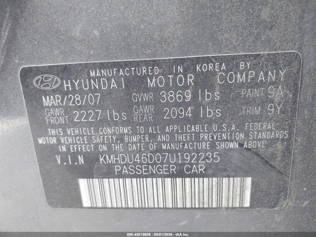 Aukcja sprzedaży 2007 Hyundai Elantra Gls/limited/se, vin: KMHDU46D07U192235, numer aukcji: 45015609