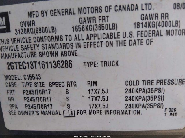 Aukcja sprzedaży 2006 Gmc Sierra 1500 Sle1, vin: 2GTEC13T161136286, numer aukcji: 45015610