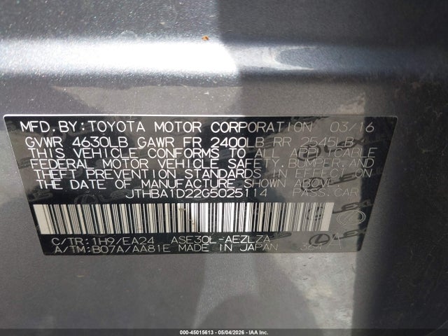 Aukcja sprzedaży 2016 Lexus Is 200t, vin: JTHBA1D22G5025114, numer aukcji: 45015613