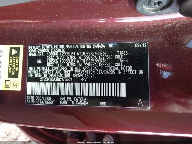 Aukcja sprzedaży 2013 Lexus Rx 350, vin: 2T2BK1BA3DC175624, numer aukcji: 45015620