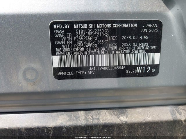 Aukcja sprzedaży 2025 Mitsubishi Outlander Se 2.5 2wd, vin: JA4J3VA80SZ045946, numer aukcji: 45015621