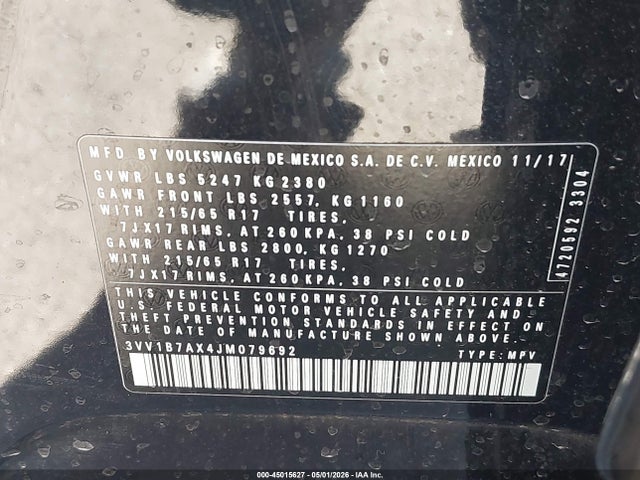 Продаж на аукціоні авто 2018 Volkswagen Tiguan 2.0t S, vin: 3VV1B7AX4JM079692, номер лоту: 45015627