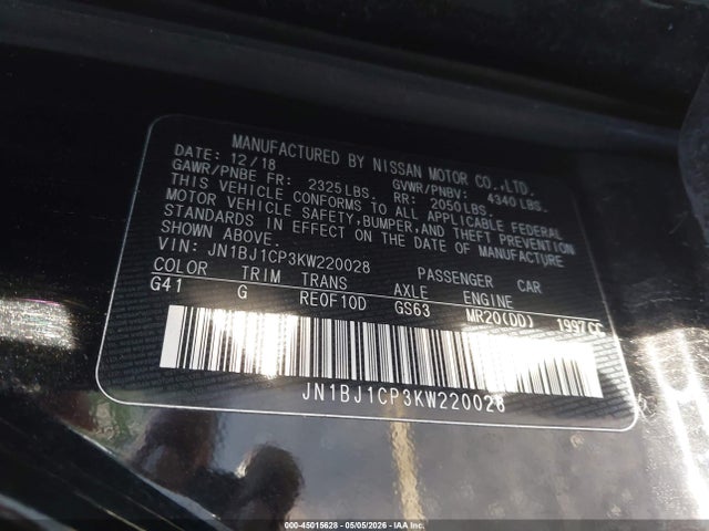 Продажа на аукционе авто 2019 Nissan Rogue Sport Sv, vin: JN1BJ1CP3KW220028, номер лота: 45015628