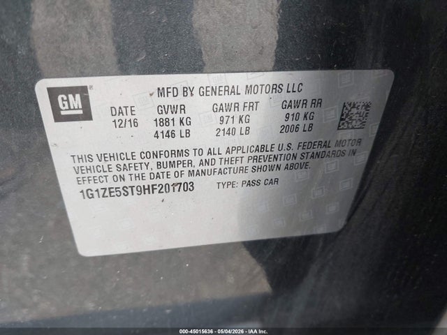 45015636 :رقم المزاد ، 1G1ZE5ST9HF201703 vin ، 2017 Chevrolet Malibu 1lt مزاد بيع