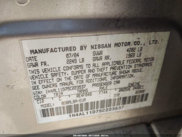 45015649 :رقم المزاد ، 1N4AL11D75C223537 vin ، 2005 Nissan Altima 2.5 S مزاد بيع