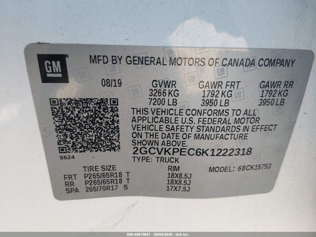Aukcja sprzedaży 2019 Chevrolet Silverado 1500 Ld Lt, vin: 2GCVKPEC6K1222318, numer aukcji: 45015651