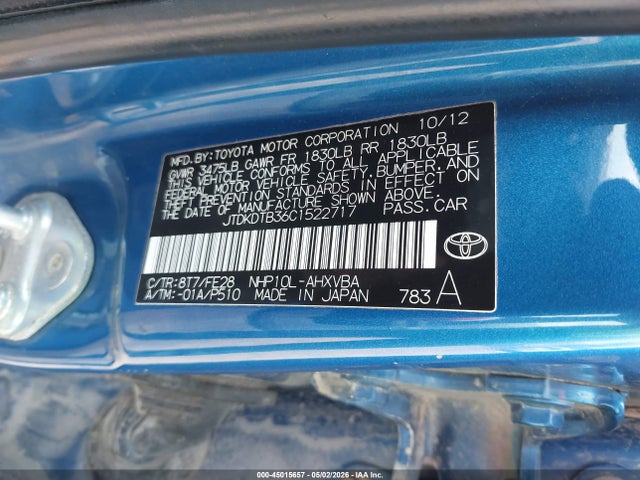45015657 :رقم المزاد ، JTDKDTB36C1522717 vin ، 2012 Toyota Prius C One مزاد بيع