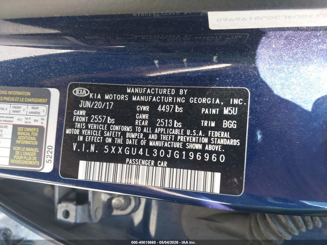 Aukcja sprzedaży 2018 Kia Optima Ex, vin: 5XXGU4L30JG196960, numer aukcji: 45015660