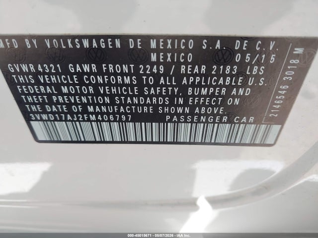 Продаж на аукціоні авто 2015 Volkswagen Jetta 1.8t Sport, vin: 3VWD17AJ2FM406797, номер лоту: 45015671