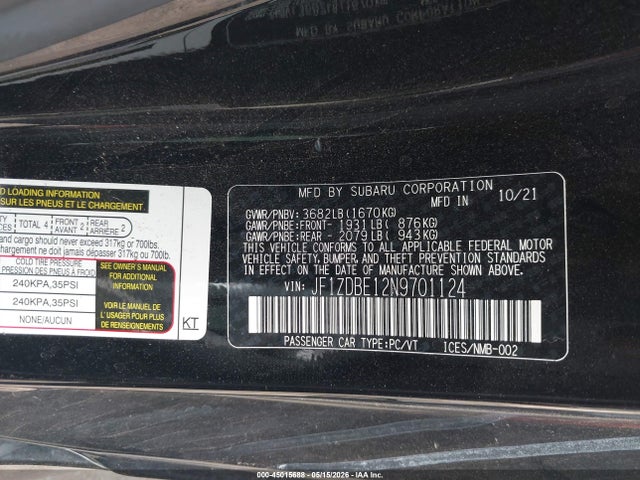 2022 Subaru Brz Limited მანქანა იყიდება აუქციონზე, vin: JF1ZDBE12N9701124, აუქციონის ნომერი: 45015688