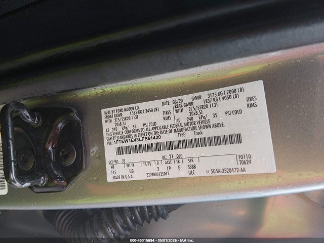 2020 Ford F-150 Xlt მანქანა იყიდება აუქციონზე, vin: 1FTEW1E43LFB61420, აუქციონის ნომერი: 45015694