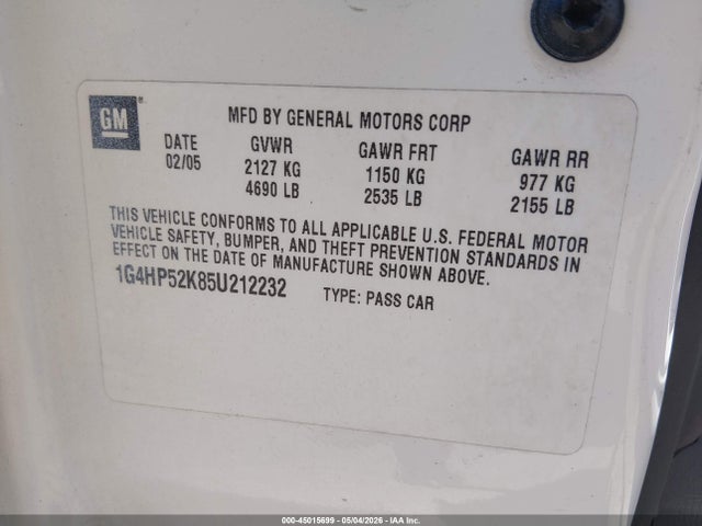 2005 Buick Lesabre Custom მანქანა იყიდება აუქციონზე, vin: 1G4HP52K85U212232, აუქციონის ნომერი: 45015699