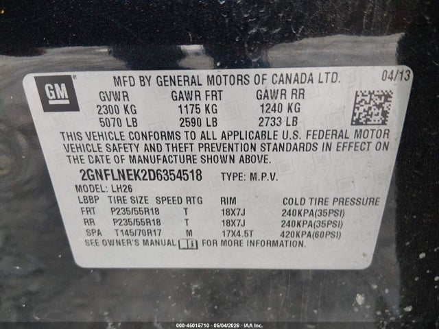 45015710 :رقم المزاد ، 2GNFLNEK2D6354518 vin ، 2013 Chevrolet Equinox 2lt مزاد بيع
