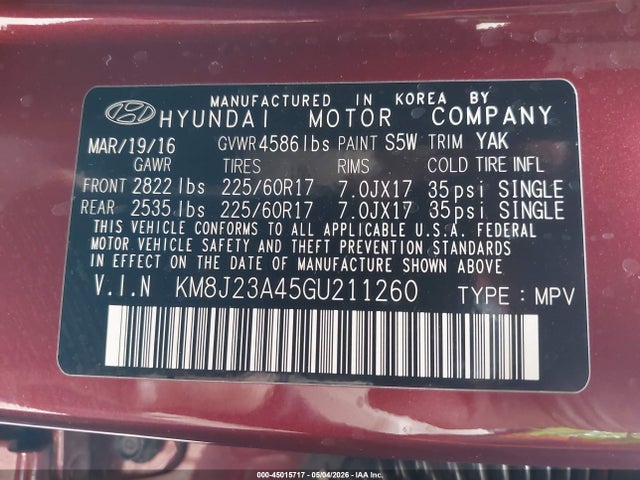 KM8J23A45GU211260 Hyundai TUCSON SE
