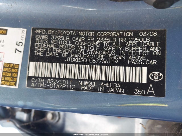45015724 :رقم المزاد ، JTDKB20U087766119 vin ، 2008 Toyota Prius مزاد بيع