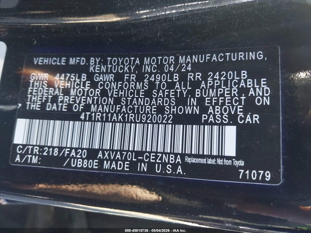 Продаж на аукціоні авто 2024 Toyota Camry Le, vin: 4T1R11AK1RU920022, номер лоту: 45015736