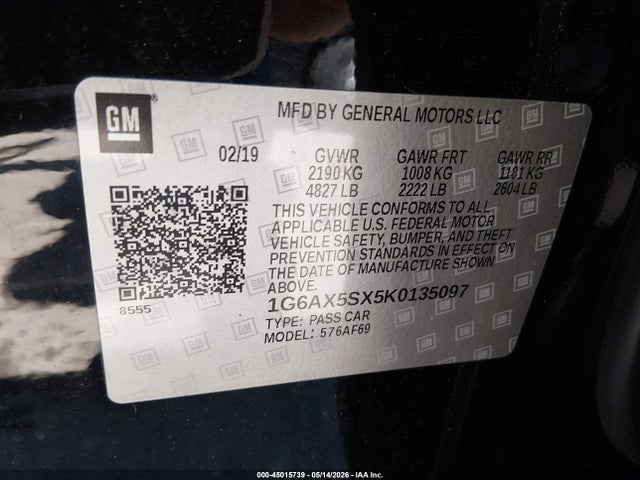 45015739 :رقم المزاد ، 1G6AX5SX5K0135097 vin ، 2019 Cadillac Cts Luxury مزاد بيع