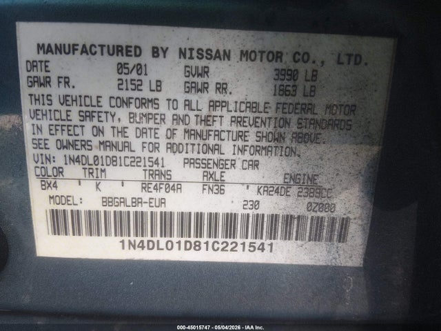 45015747 :رقم المزاد ، 1N4DL01D81C221541 vin ، 2001 Nissan Altima Gxe مزاد بيع