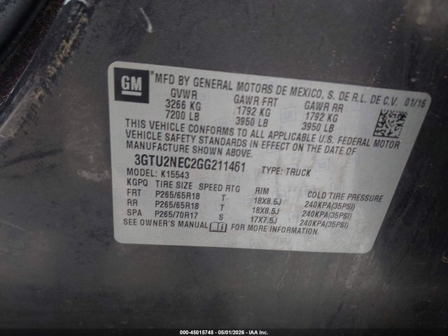 45015748 :رقم المزاد ، 3GTU2NEC2GG211461 vin ، 2016 Gmc Sierra 1500 Slt مزاد بيع