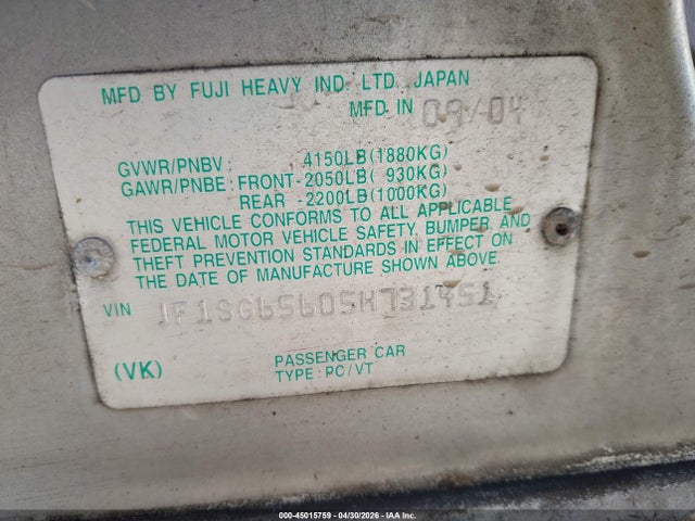 45015759 :رقم المزاد ، JF1SG65605H731451 vin ، 2005 Subaru Forester 2.5xs مزاد بيع