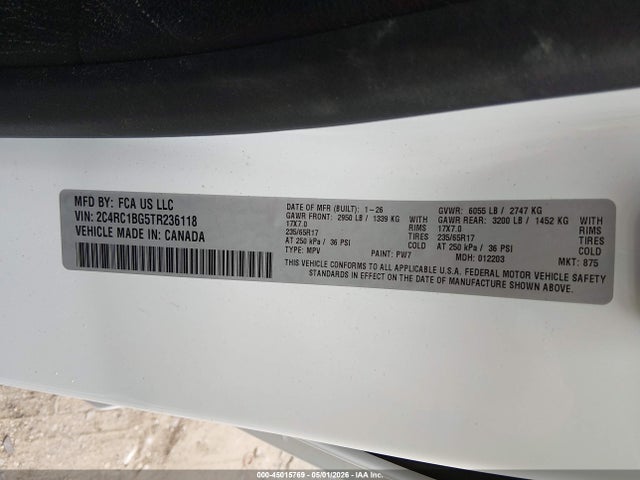 2026 Chrysler Pacifica Select მანქანა იყიდება აუქციონზე, vin: 2C4RC1BG5TR236118, აუქციონის ნომერი: 45015769