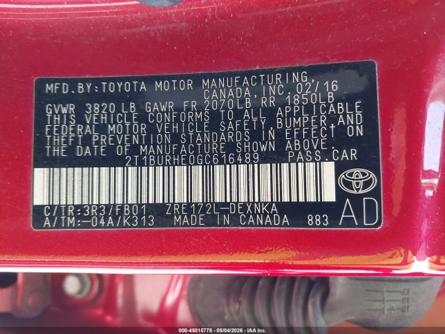 Aukcja sprzedaży 2016 Toyota Corolla Le, vin: 2T1BURHE0GC616489, numer aukcji: 45015778