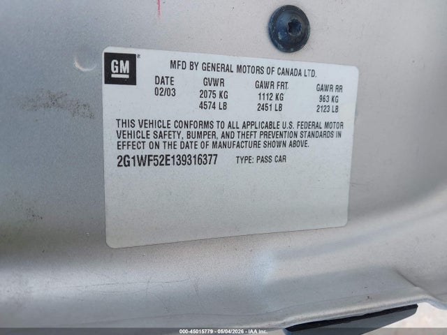 Aukcja sprzedaży 2003 Chevrolet Impala, vin: 2G1WF52E139316377, numer aukcji: 45015779
