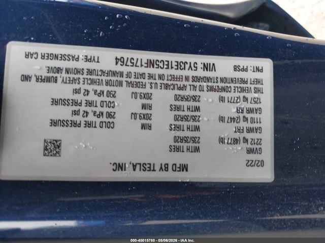 2022 Tesla Model 3 Performance Dual Motor All-wheel Drive მანქანა იყიდება აუქციონზე, vin: 5YJ3E1EC5NF175764, აუქციონის ნომერი: 45015780