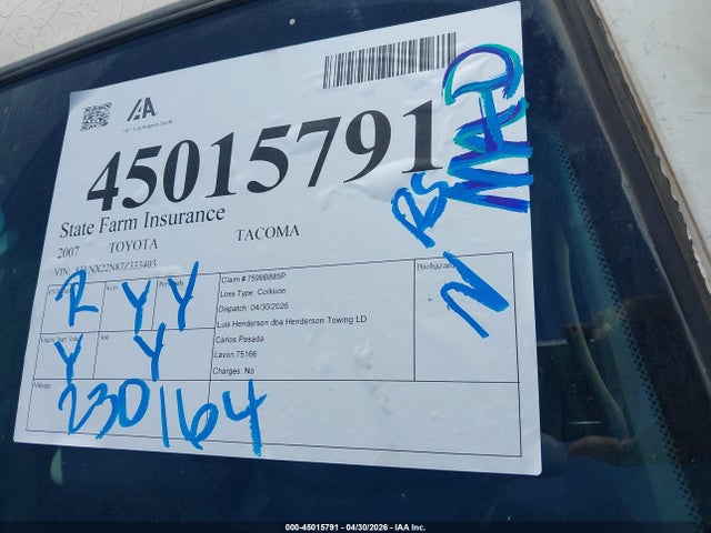 Продаж на аукціоні авто 2007 Toyota Tacoma, vin: 5TENX22N87Z333403, номер лоту: 45015791