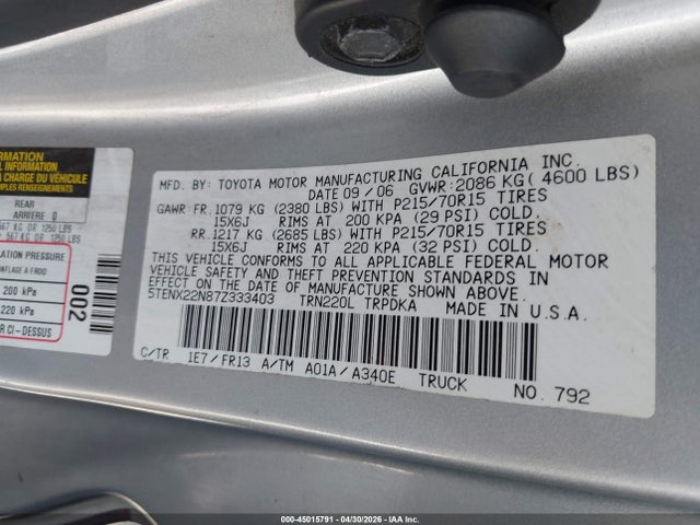 Продаж на аукціоні авто 2007 Toyota Tacoma, vin: 5TENX22N87Z333403, номер лоту: 45015791