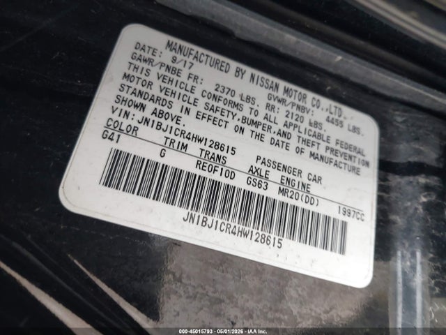 Aukcja sprzedaży 2017 Nissan Rogue Sport Sv, vin: JN1BJ1CR4HW128615, numer aukcji: 45015793