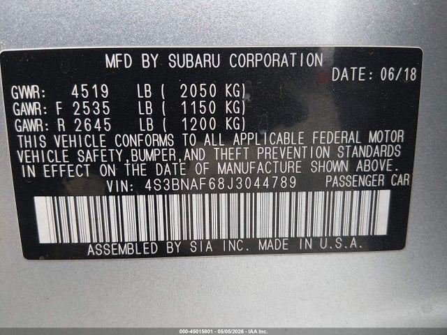 Aukcja sprzedaży 2018 Subaru Legacy 2.5i Premium, vin: 4S3BNAF68J3044789, numer aukcji: 45015801