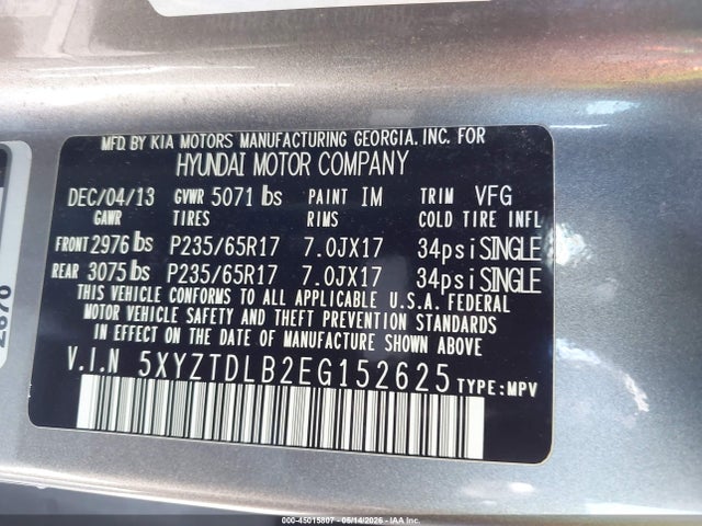 45015807 :رقم المزاد ، 5XYZTDLB2EG152625 vin ، 2014 Hyundai Santa Fe Sport 2.4l مزاد بيع