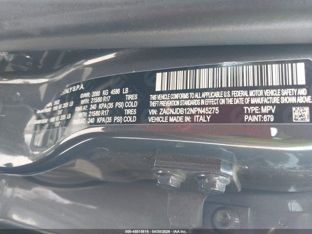 45015816 :رقم المزاد ، ZACNJDB12NPN45275 vin ، 2022 Jeep Renegade Latitude 4x4 مزاد بيع