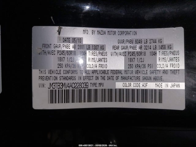 Продаж на аукціоні авто 2010 Mazda Cx-9 Touring, vin: JM3TB3MV4A0228039, номер лоту: 45015821