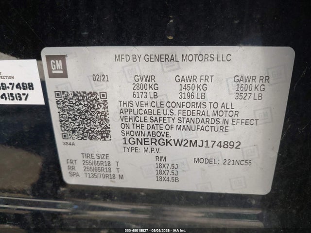 2021 Chevrolet Traverse Fwd Lt Cloth მანქანა იყიდება აუქციონზე, vin: 1GNERGKW2MJ174892, აუქციონის ნომერი: 45015827