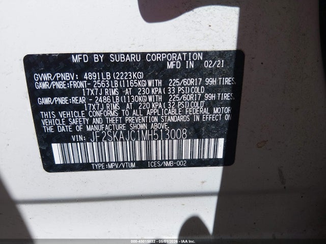 Продаж на аукціоні авто 2021 Subaru Forester Premium, vin: JF2SKAJC1MH513008, номер лоту: 45015832