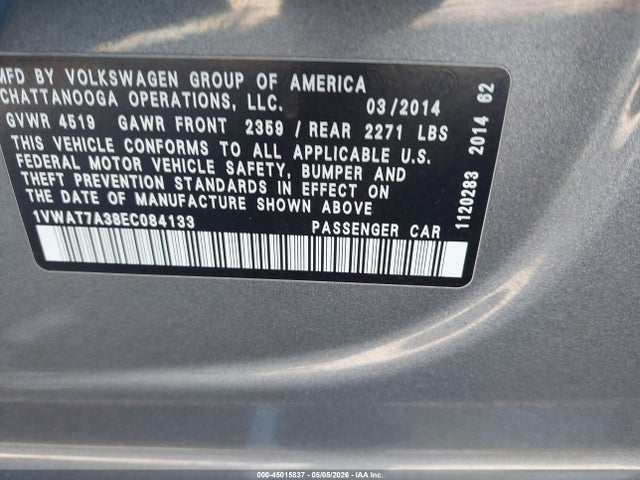 Продажа на аукционе авто 2014 Volkswagen Passat 1.8t Wolfsburg Edition, vin: 1VWAT7A38EC084133, номер лота: 45015837