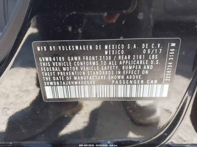 Aukcja sprzedaży 2017 Volkswagen Jetta 1.4t Se, vin: 3VWDB7AJ6HM400548, numer aukcji: 45015839