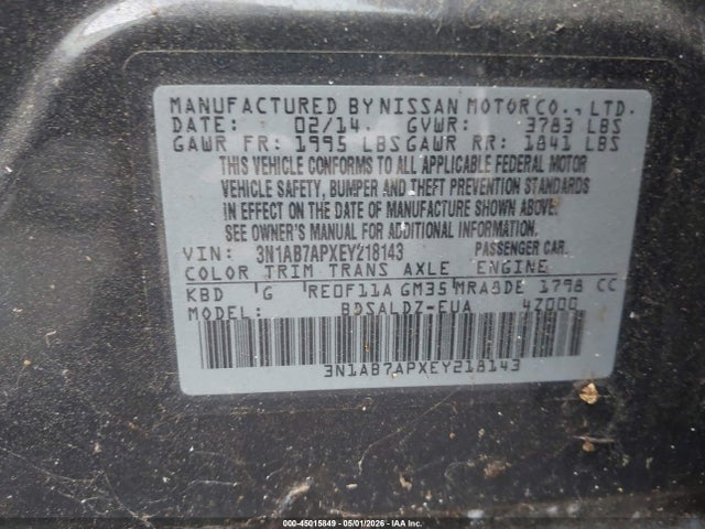 45015849 :رقم المزاد ، 3N1AB7APXEY218143 vin ، 2014 Nissan Sentra Sv مزاد بيع