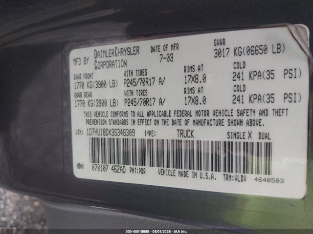 Aukcja sprzedaży 2003 Dodge Ram 1500 Slt/laramie/st, vin: 1D7HU18DX3S348309, numer aukcji: 45015859