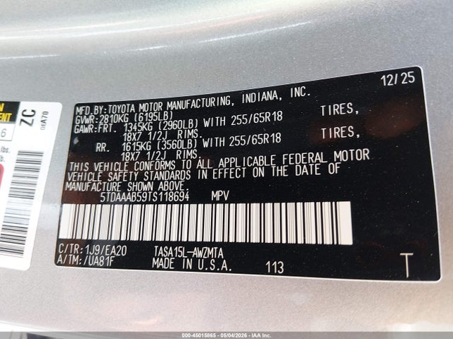 45015865 :رقم المزاد ، 5TDAAAB59TS118694 vin ، 2026 Toyota Grand Highlander Xle مزاد بيع