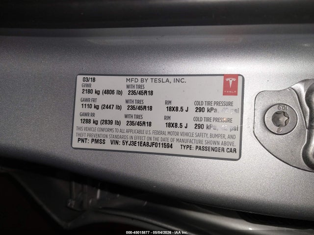 Tesla Model 3 Long Range/mid Range 2018 5YJ3E1EA8JF011594 Image 9